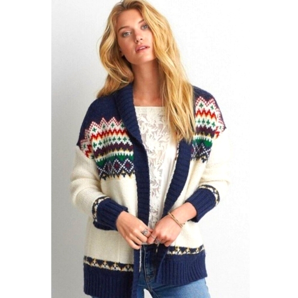 American Eagle Chunky Knit Fair Isle Cardigan Open Front Women Wool Mohair Blend - Picture 1 of 9